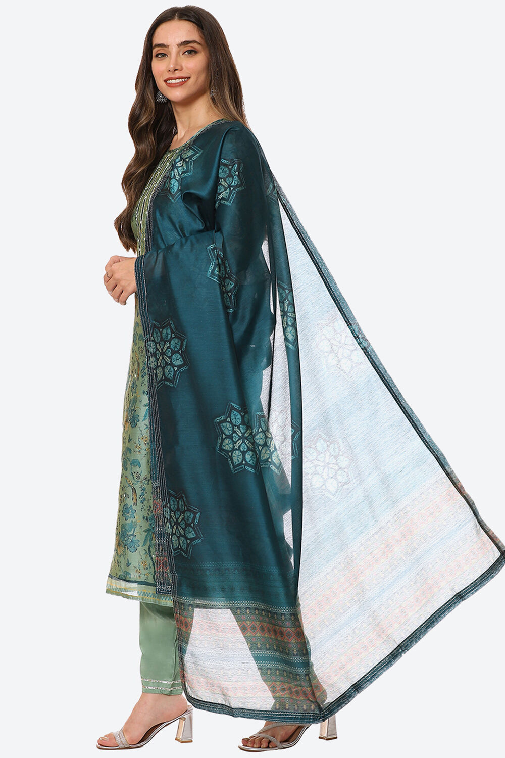 Pink Chanderi Machine Embroidered Unstitched Suit Set image number 6