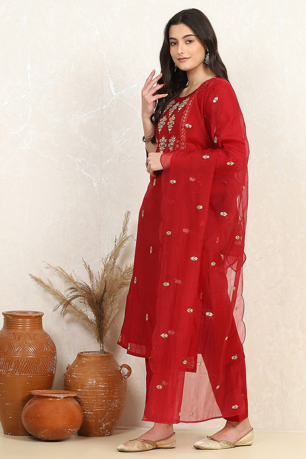Red Silk Blend Machine Embroidered Unstitched Suit Set image number 4