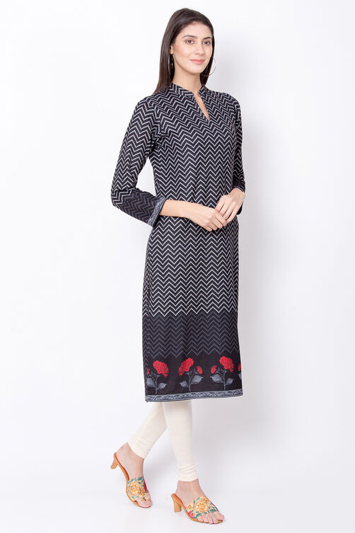 Black Straight Winter Printed Kurta image number 3