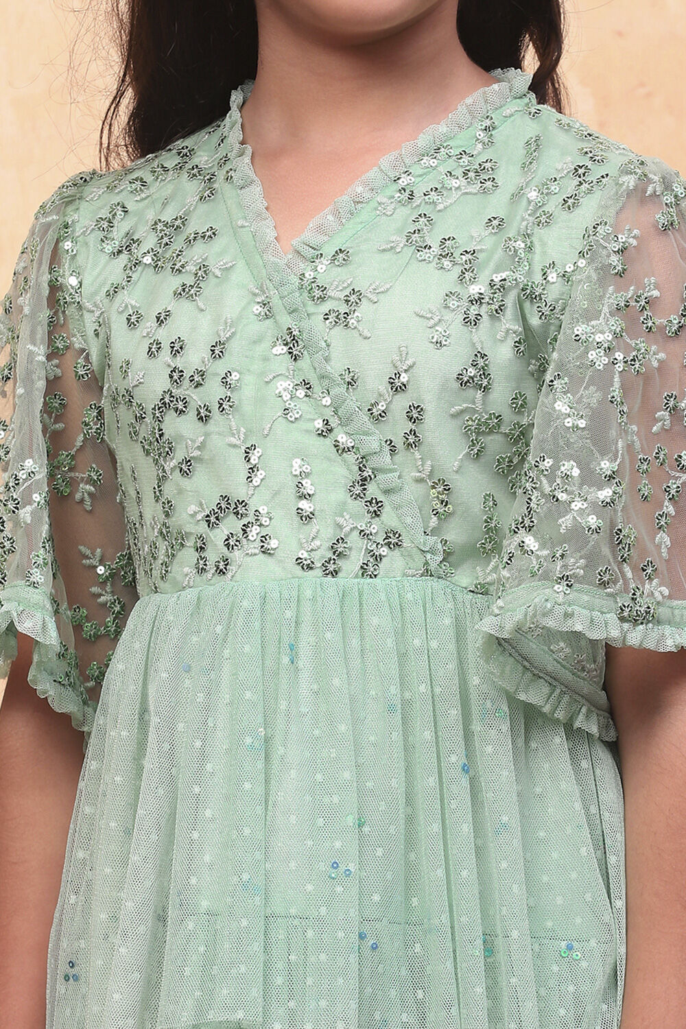 Mint Green Dobby Net Embellished Tiered Flared Dress image number 1