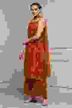 Orange Viscose Blend Straight Printed Suit Set image number 3