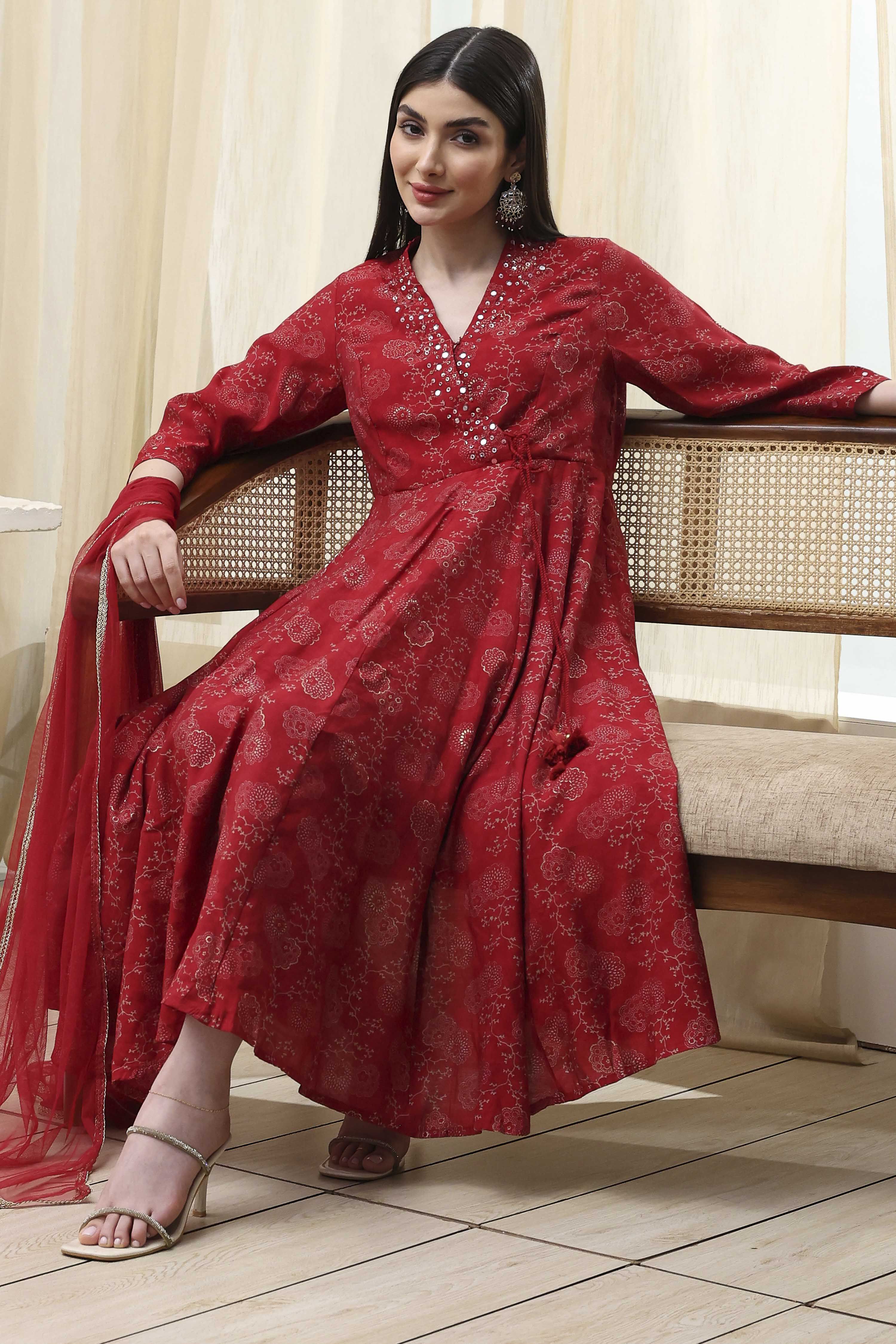 Navy Blue Printed Angrakha Style Anarkali Suit Set image number 0