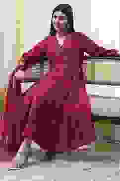 Red Printed Angrakha Style Anarkali Suit Set image number 0