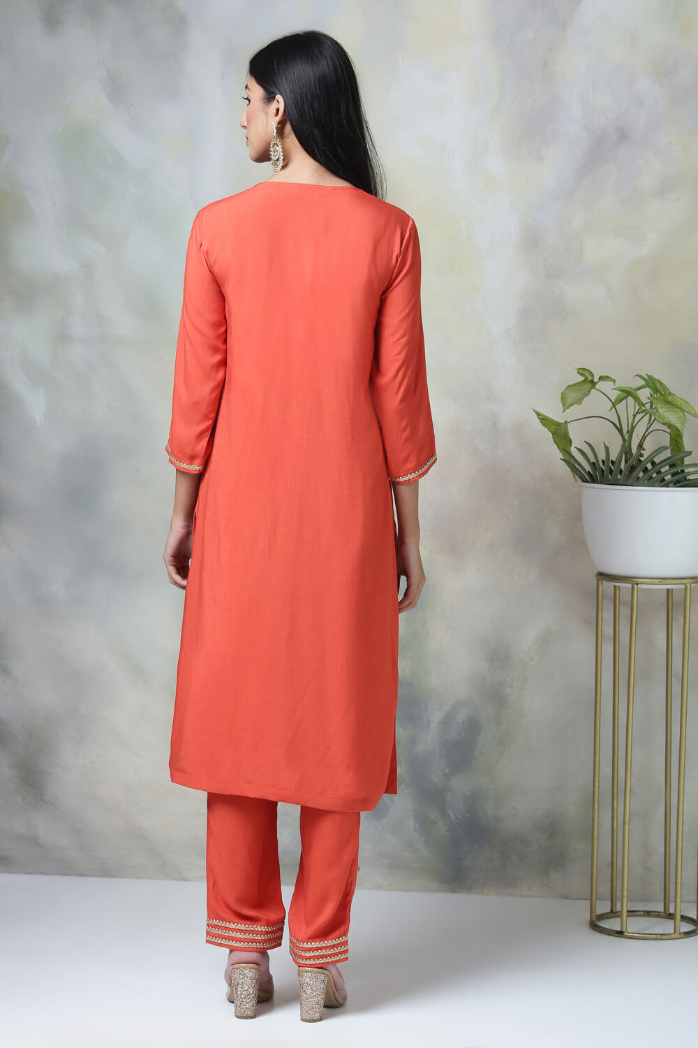 Saffron Rayon Straight Kurta Pants Suit Set image number 5
