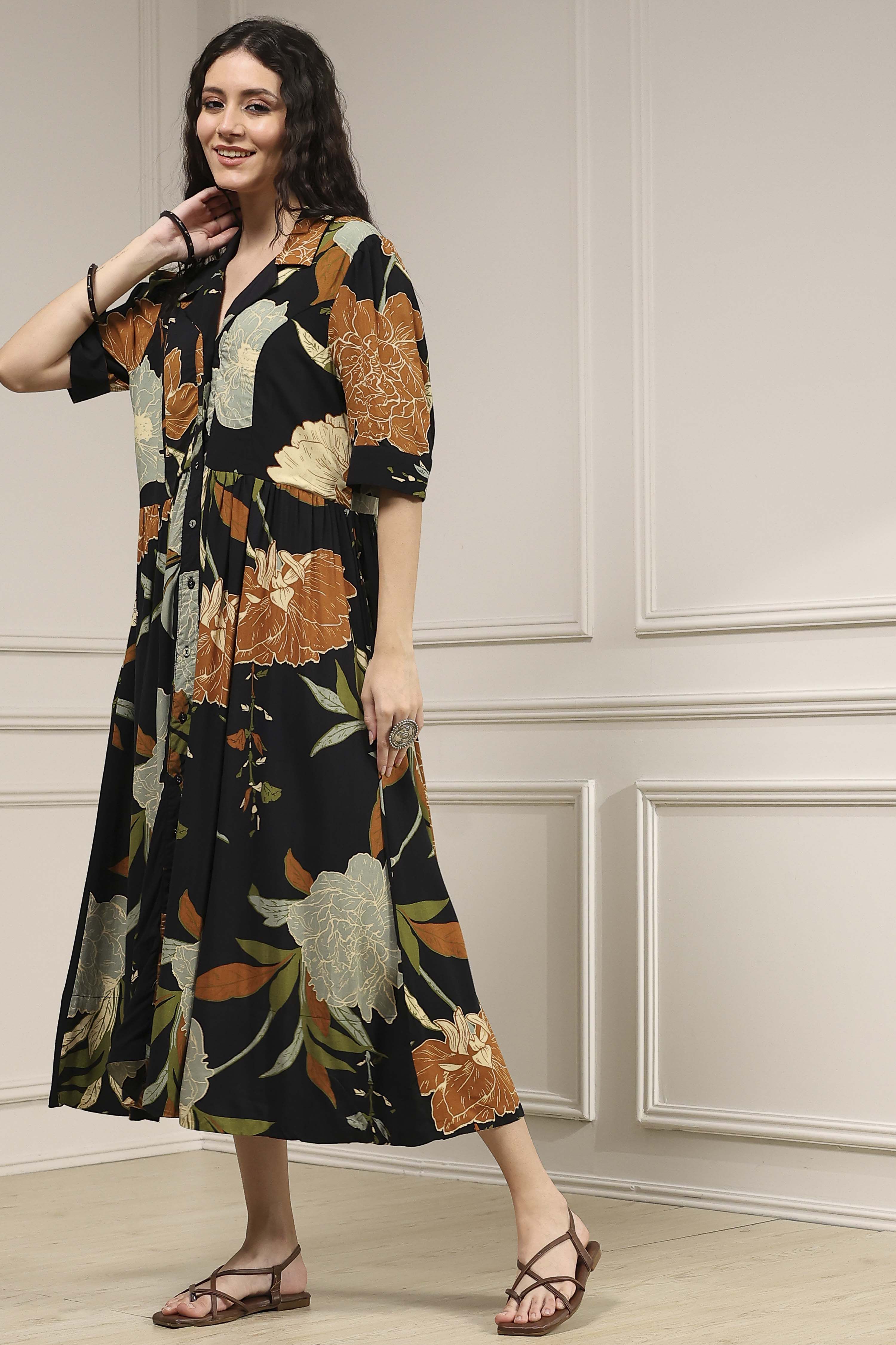 Black Viscose Rayon Straight Printed Dress image number 2