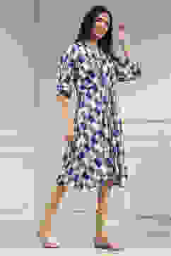 Indigo Cotton Flared Yarndyed Dress image number 4