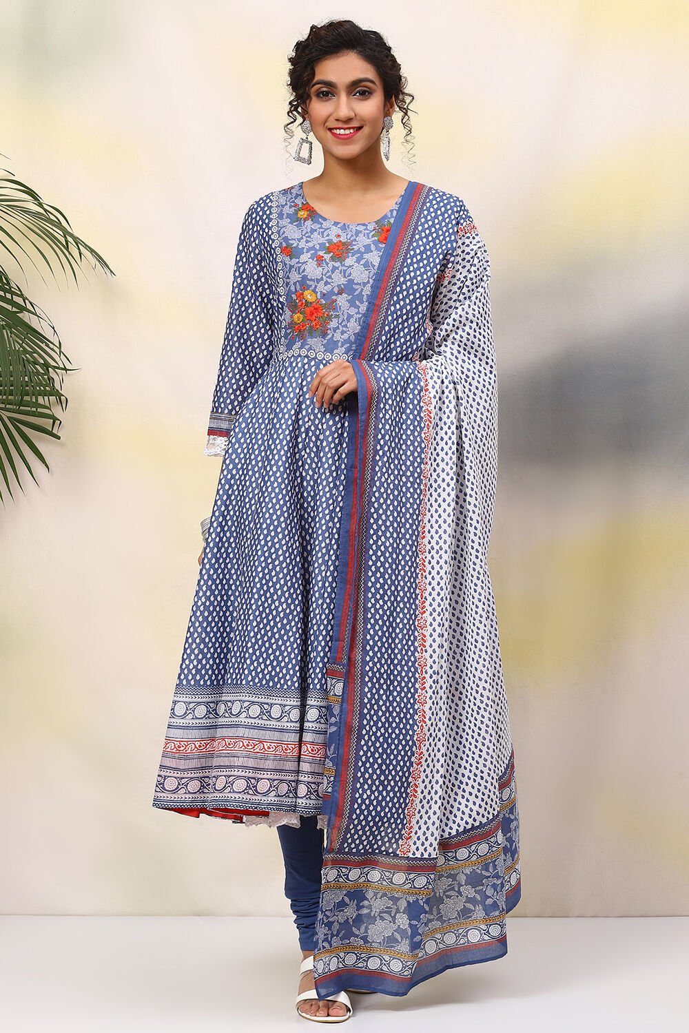 Buy White And Blue Cotton Anarkali Kurta Churidar Suit Set Kurta