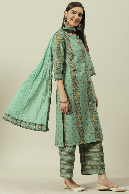 Sage Green Printed Cotton Straight Suit Set image number 6