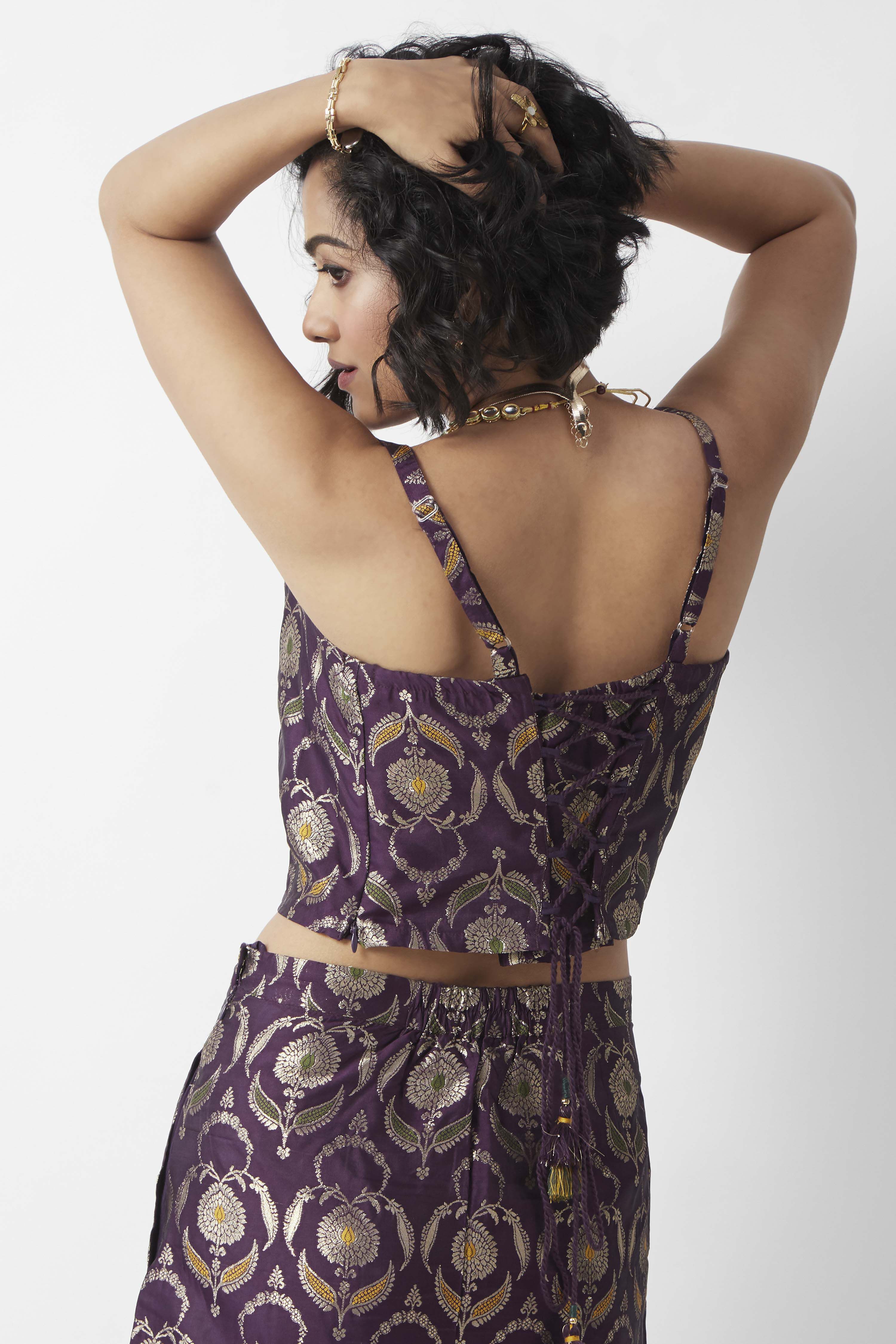 Purple Yarndyed Floral Fitted Crop Top image number 5
