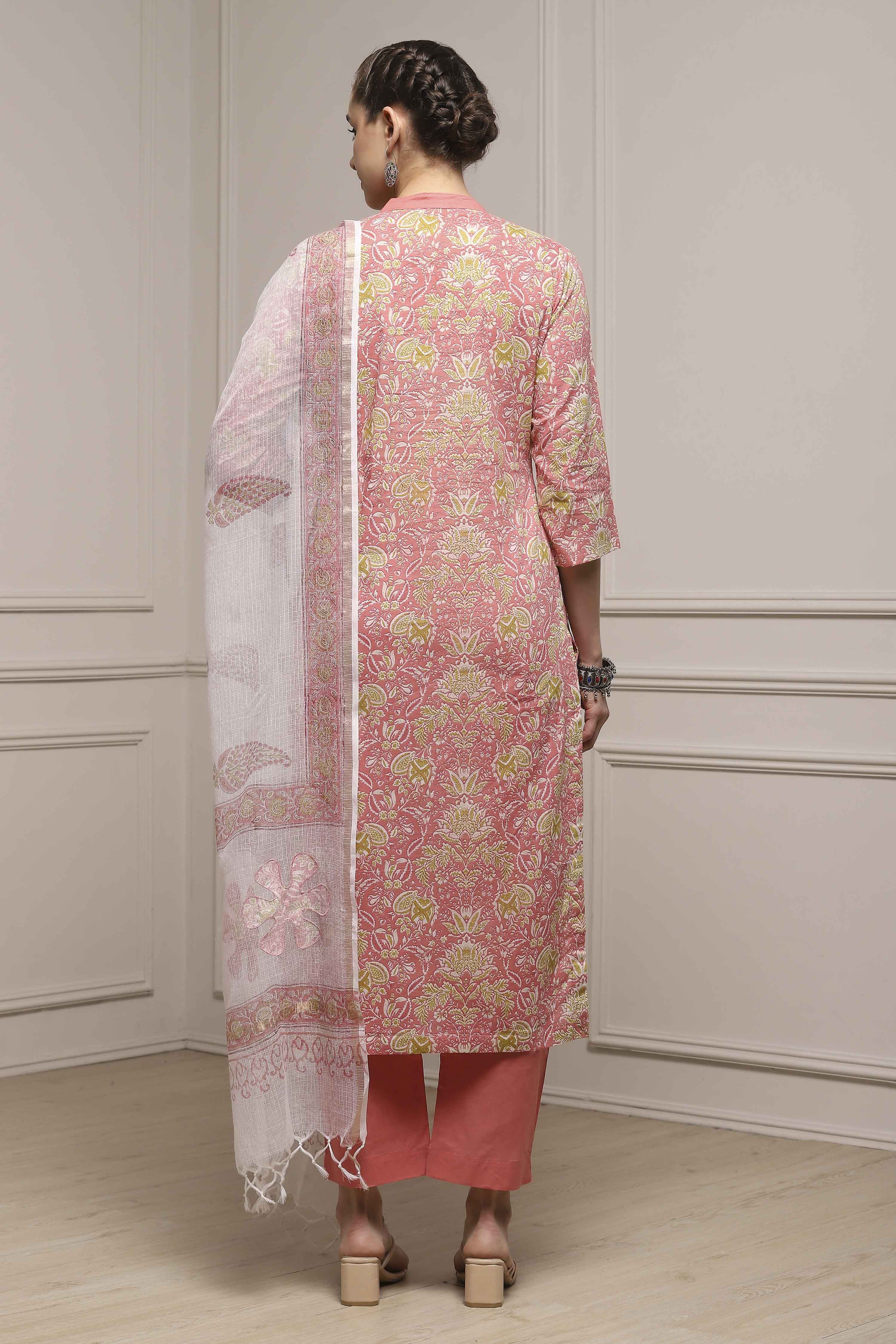 Pink Cotton Hand Block Print Unstitched Suit Set image number 5