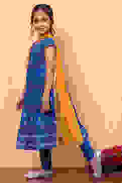 Blue Cotton Printed Tiered Festive Flared Suit Set image number 3