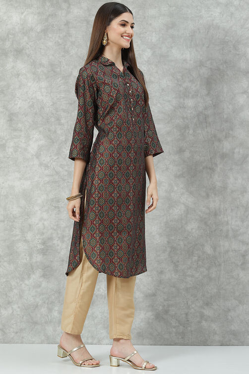 Wine Poly Viscose Straight Printed Kurta image number 3