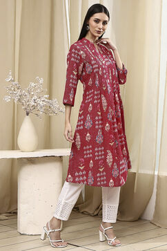 Pink Cotton Printed A-Line Kurta image number 4