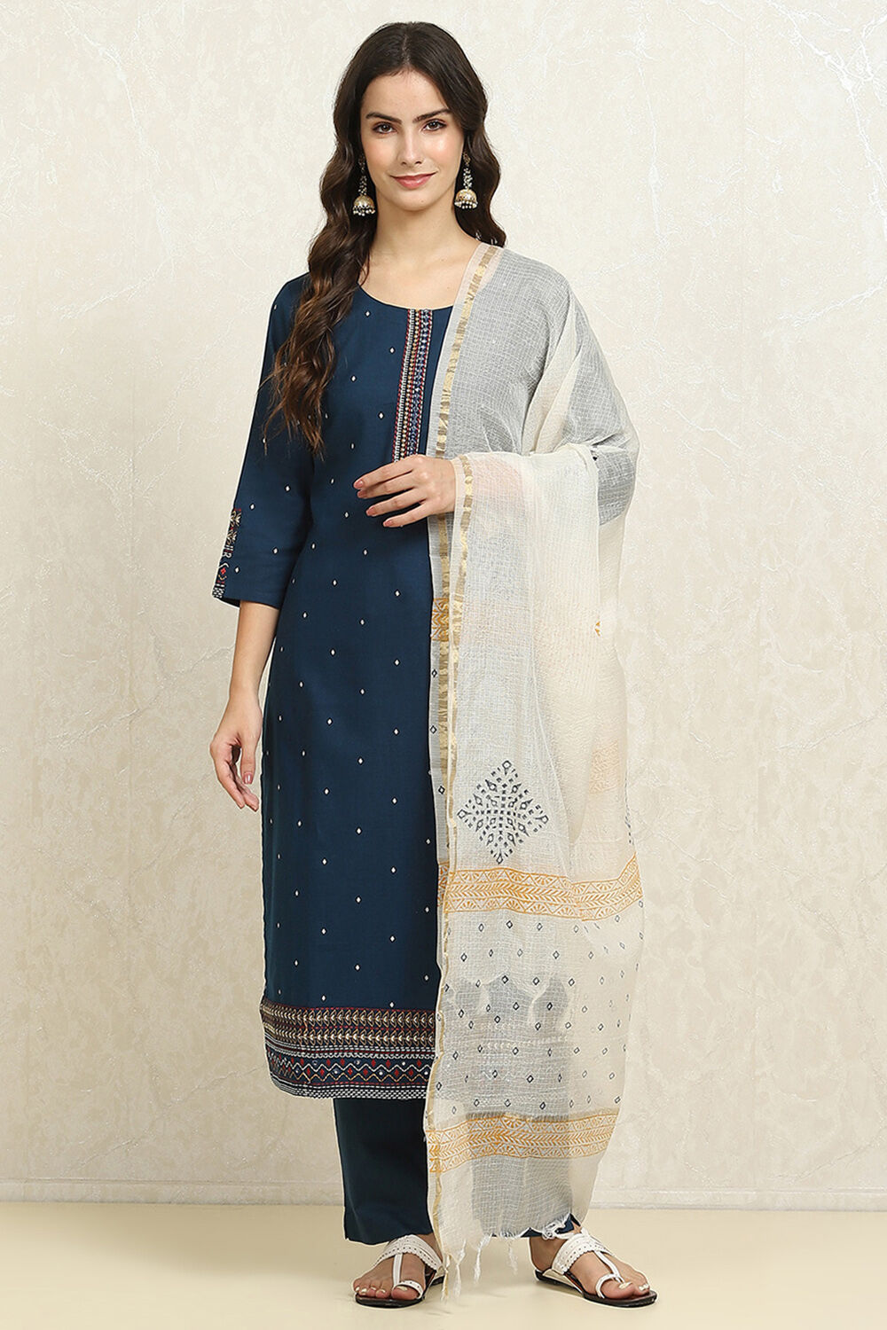 Yellow Cotton Handloom Unstitched Suit Set image number 7