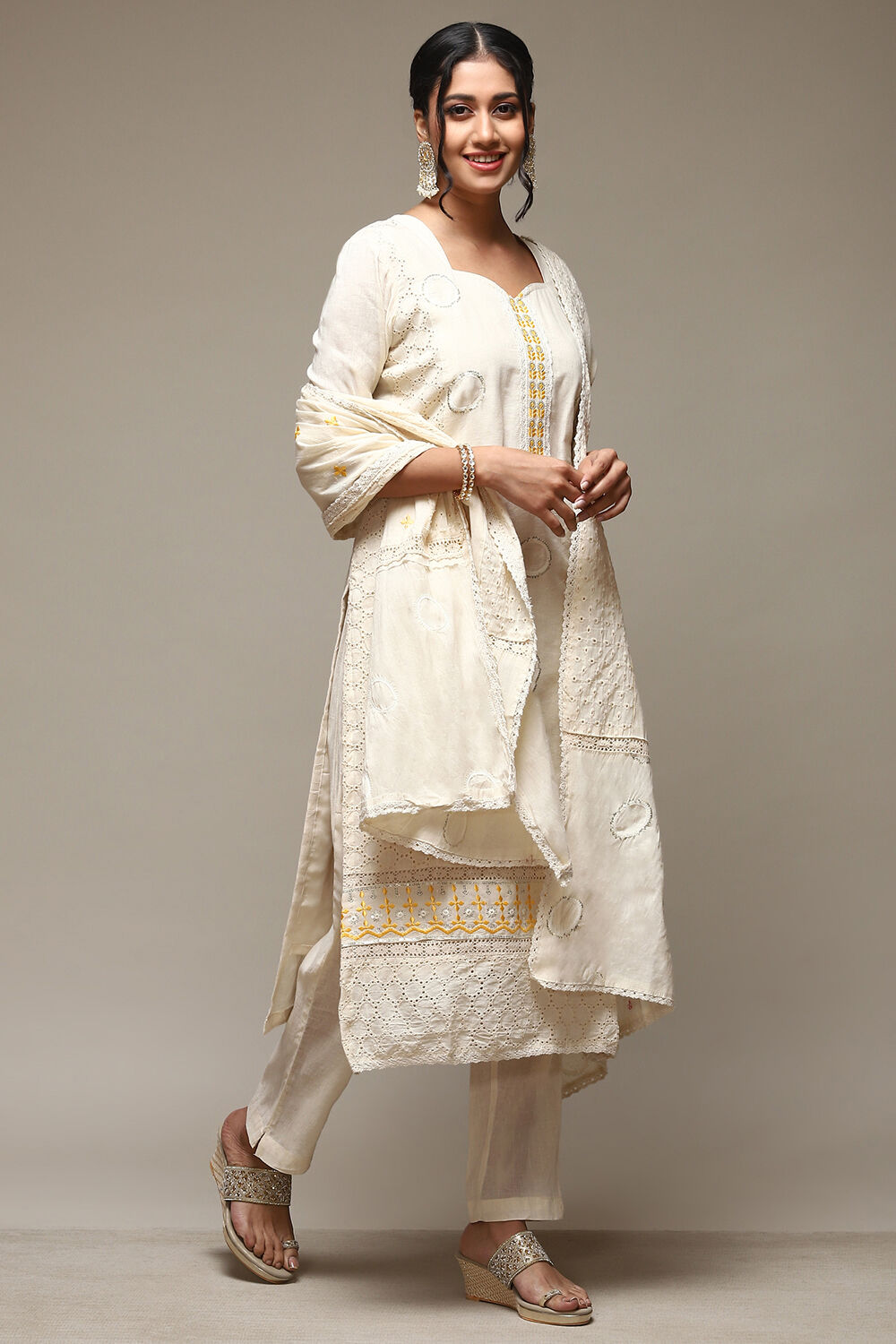 Off White Cotton Schiffly Unstitched Suit Set image number 7