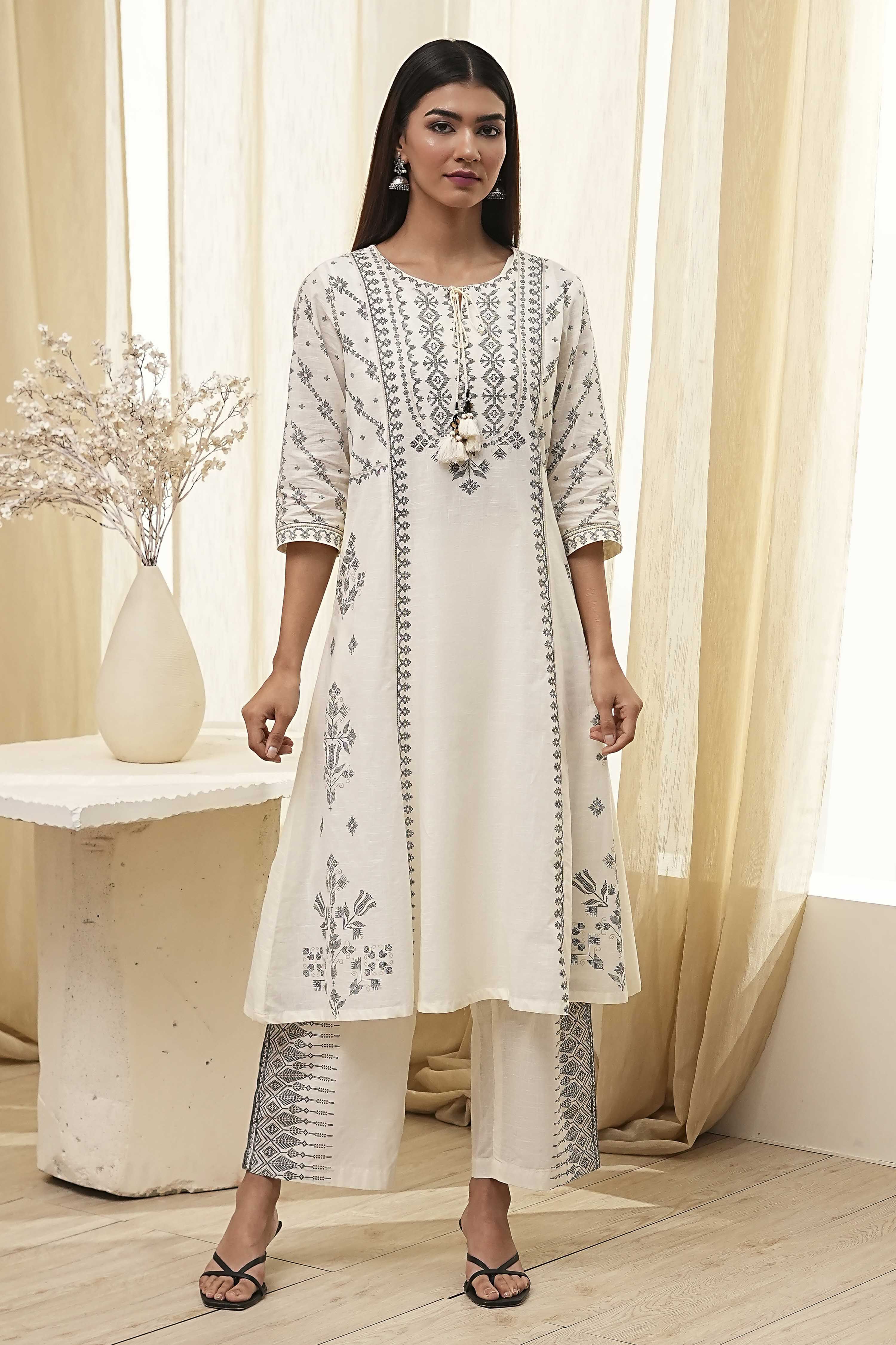 Off-White Pure Cotton Printed A-line Kurta Set image number 6