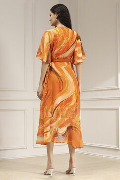 Mustard Yellow Printed Flared Dress image number 3