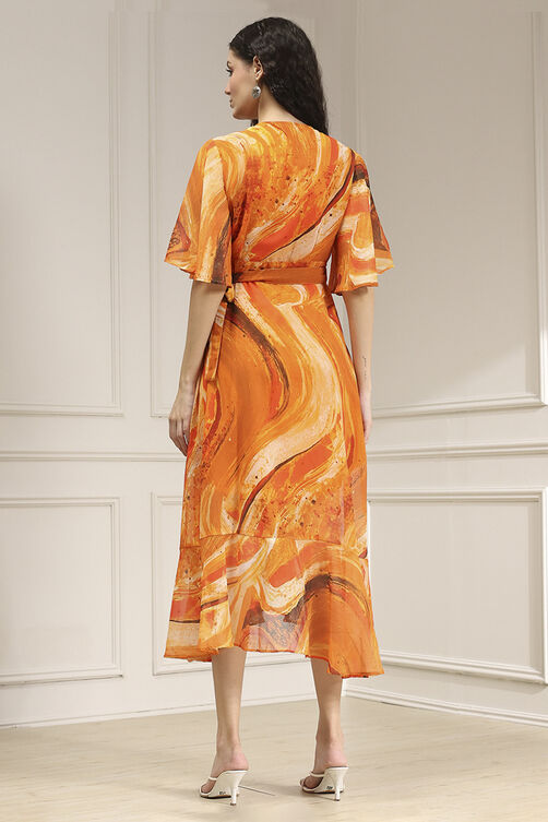 Mustard Yellow Printed Flared Dress image number 3