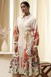Beige Cotton Floral Shirt-Style Flared Dress image number 7