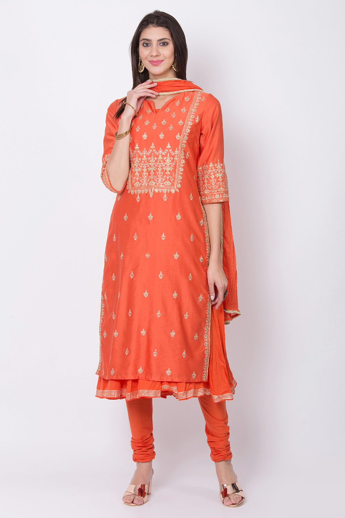 Orange Cotton Blend Silk Flared Kurta Churidar Suit Set