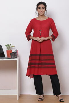 Red Cotton A Line Kurta image number 0
