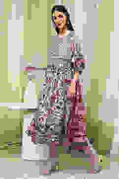 Beige Cotton Anarkali Printed Kurta Suit Set image number 3