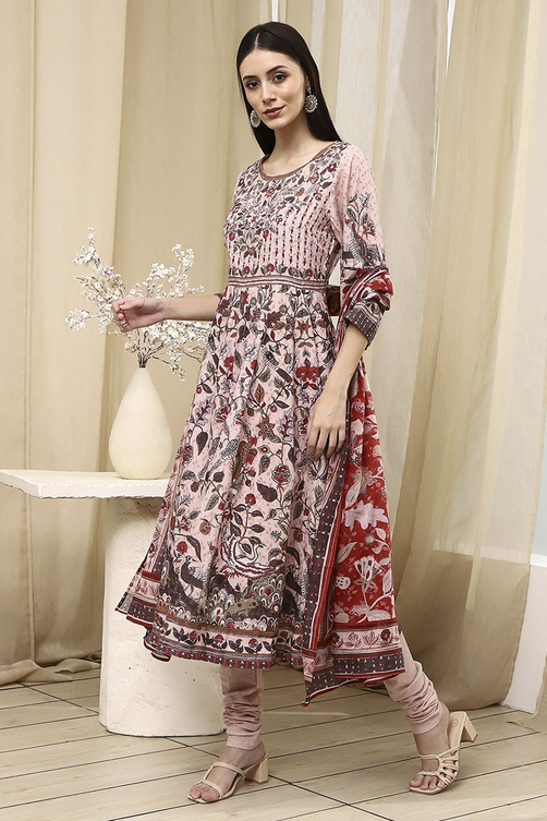 Beige Cotton Anarkali Printed Kurta Suit Set image number 3