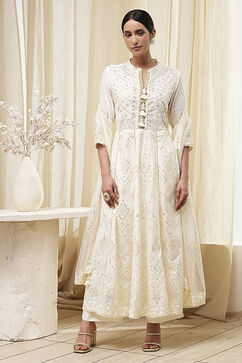 Off-White Cotton Embellished Anarkali Suit Set image number 6