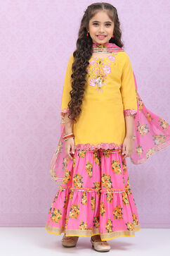 Yellow & Violet Art Silk Straight Kurta Garara Suit Set image number 0