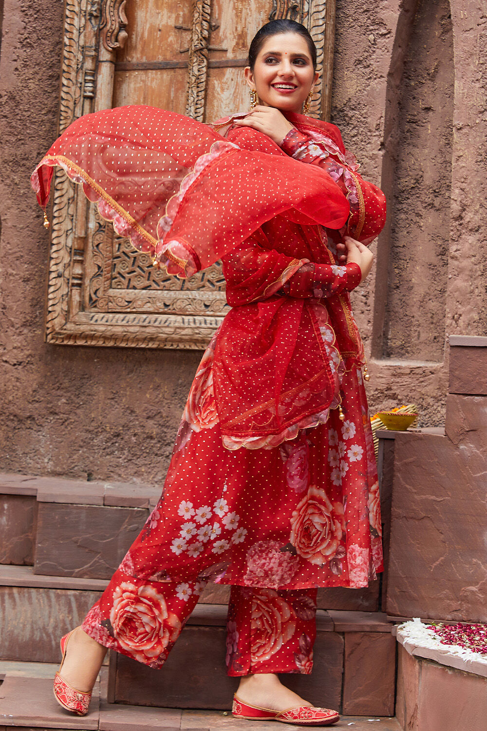 Red Polyester Anarkali Kurta Palazzo Suit Set Kurta Palazzo Dupatta at Biba Global