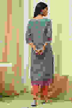 Teal Cotton Printed Straight Kurta image number 4