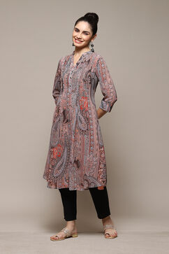 Peach & Blue Polyester Straight Printed Kurta image number 3