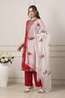 Red Cotton Floral Motifs Straight Suit Set image number 3