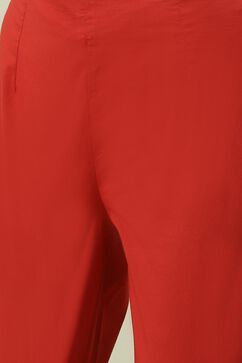 Red Printed Cotton Straight Kurta Slim Pants Suit Set image number 2
