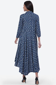 Blue Rayon Asymmetric Printed Dress image number 4
