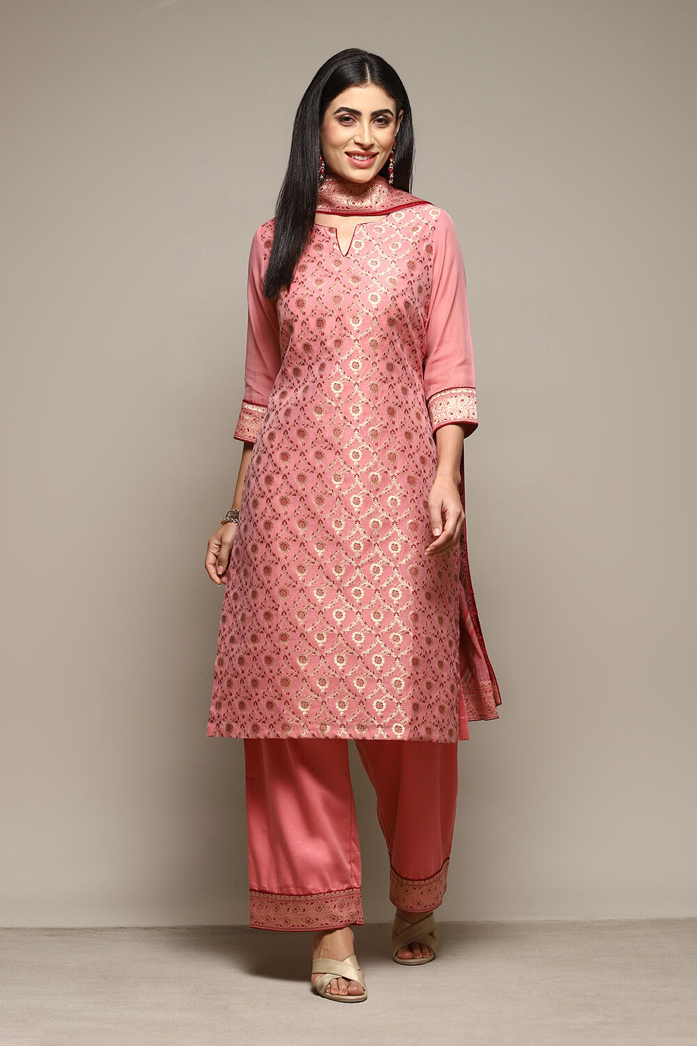 Mustard Cotton Blend Straight Yarndyed Kurta Palazzo Suit Set image number 7