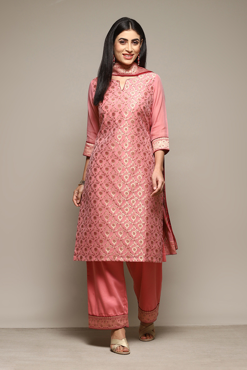 Mustard Cotton Blend Straight Yarndyed Kurta Palazzo Suit Set image number 7