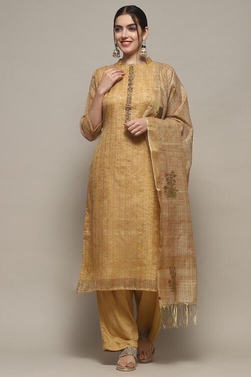 Earthy Green Chanderi Unstitched Suit set image number 1