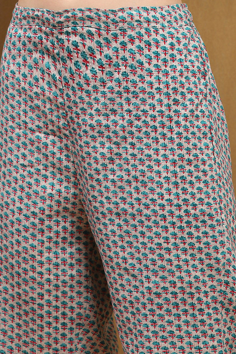 Beige and Blue Cotton Printed Straight Kurta Set image number 2