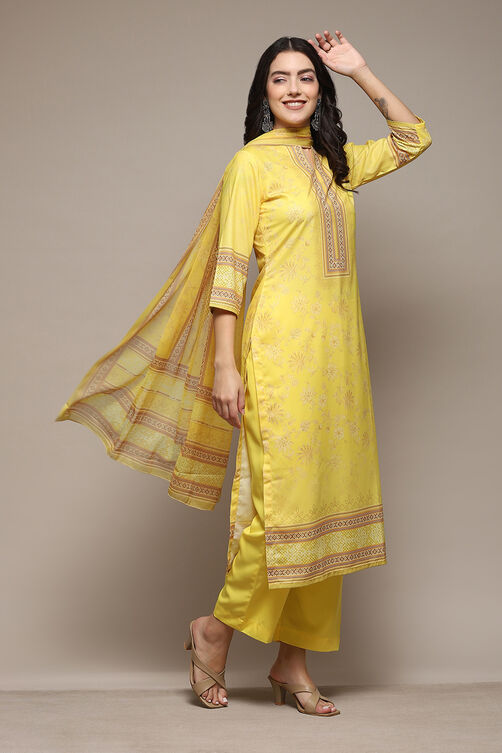 Yellow Silk Blend Digital Print Unstitched Suit Set image number 7