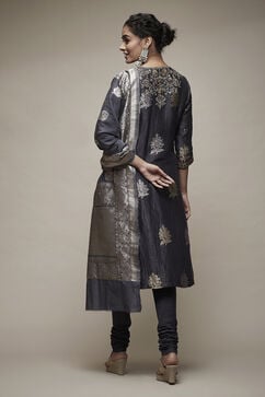 Charcoal Grey Silk Blend Straight Suit Set image number 2