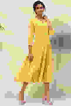 Yellow Cotton Flared Solid Dress image number 3