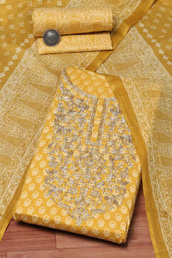 Yellow Cotton Machine Embroidered Unstitched Suit Set image number 0