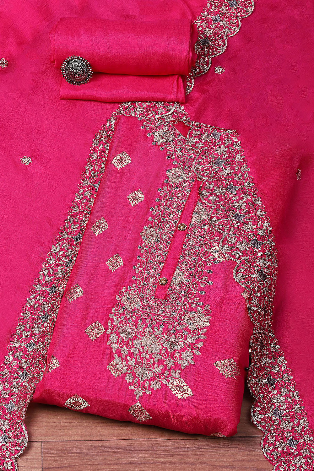 Dark Pink Banarasi Silk Machine Embroidered Unstitched Suit Set image number 0