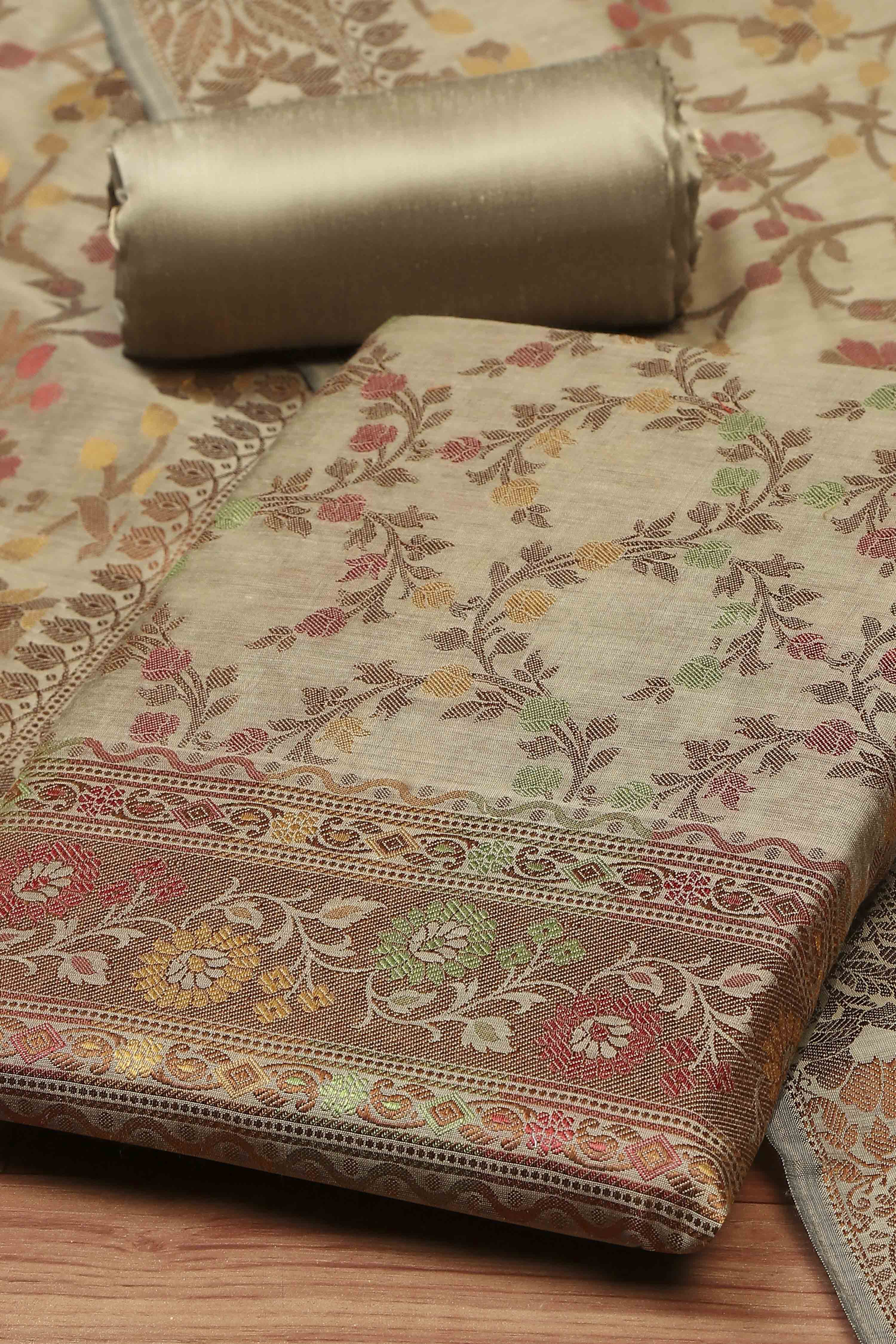 Grey Cotton Printed Embroidered Unstitched Suit Set image number 1