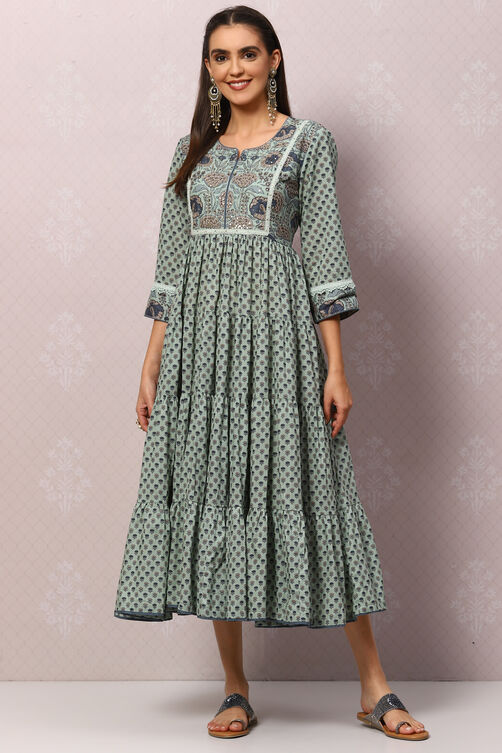 Green Cotton Flared Printed Kurta Dress image number 5