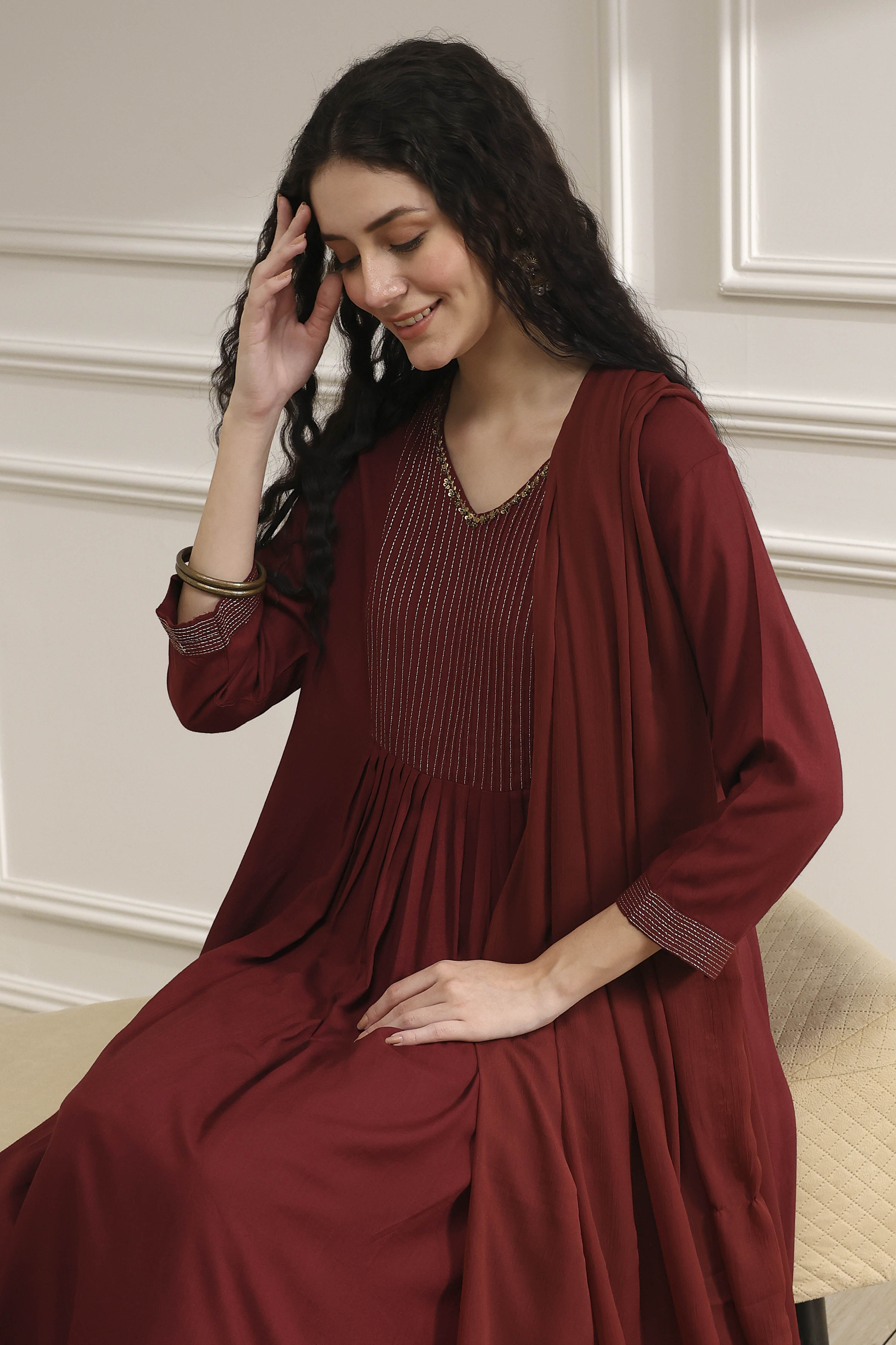 Blue Solid Gathered Suit Set image number 0