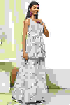 Off-White and Blue Cotton Flared Kurta Set image number 5