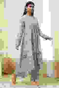 Dull Blue Cotton Flared Printed Kurta Set image number 5