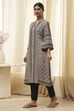Ecru and Black Printed Straight Kurta image number 2